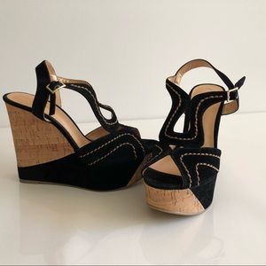 ALDO Boho Cork Wedge Black Suede w/Contrast Stitch